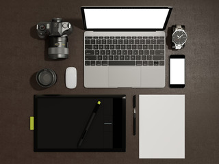 Plakat Designer accessories and gadgets on brown leather background