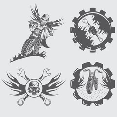 set of bikers theme emblems with skull,flames and wrenches