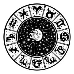 Horoscope circle.Zodiac sign,moon,sun.White,black