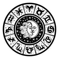Horoscope circle.Zodiac sign,moon,sun.Black,white