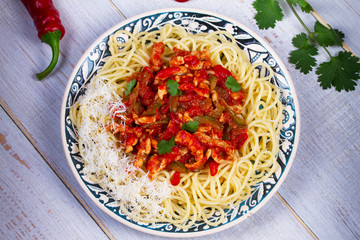 Spaghetti with Meat and Tomato Sauce; View from above, Studio Shot