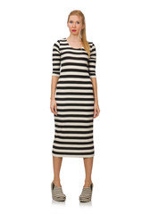 Young woman in long striped dress isolated on white