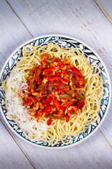 Spaghetti with Meat and Tomato Sauce; View from above, Studio Shot