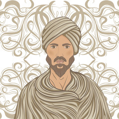 Handsome arabian man with mustache and beard in a turban over ornate pattern. Retro hand drawn vector illustration