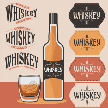 retro collection of whiskey bottle,glass of whiskey with ice and