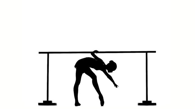 Ballerina in pointe posing on ballet barre. silhouette. slow