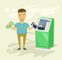 Businessman withdrawing money from ATM. Vector flat illustration