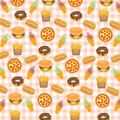 Naklejka na ściany i meble Fast food background with doughnut, hotdog, ice cream, burger, fries, pizza, vector illustration.