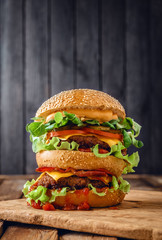 Home made double burger on wooden background