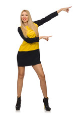 Fototapeta premium Blond hair girl in yellow and black clothing isolated on white