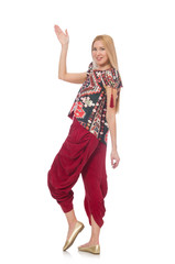 Woman in Azerbaijani ornament clothing isolated on white