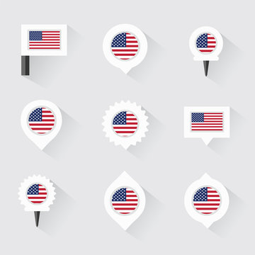 united states of american flag and pins for infographic, and map