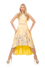 Blond girl in charming dress with flower prints isolated on whit