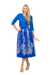 Woman in blue dress with flower prints isolated on white