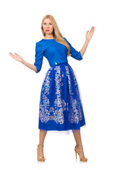 Fototapeta premium Woman in blue dress with flower prints isolated on white