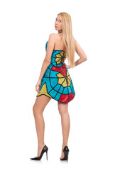 Woman in vivid strapless dress isolated on white