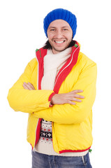 Young man in winter clothes isolated on white