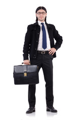 Young businessman holding briefcase isolated on white