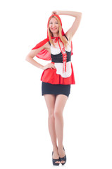 Fototapeta premium Girl in riding red hood costume isolated on white