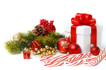 White gift box with red ribbon bow