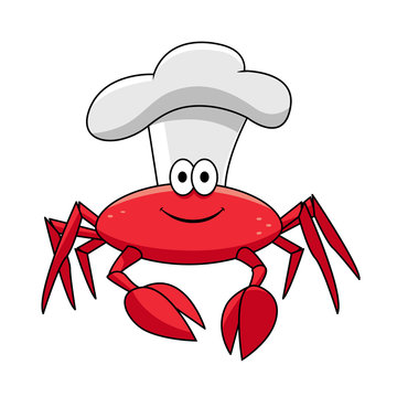 Cartoon smiling crab chef in white cook hat
