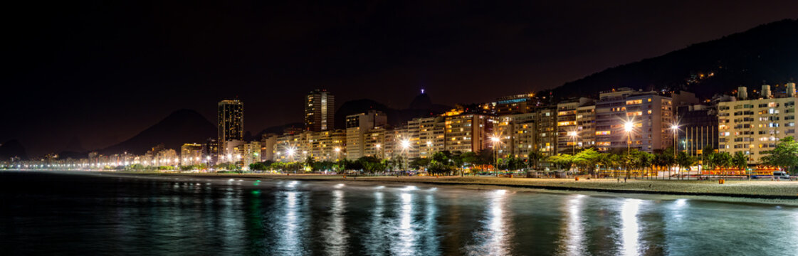 Copacabana Beach panorama by night, in Rio de Janeiro, Brazil