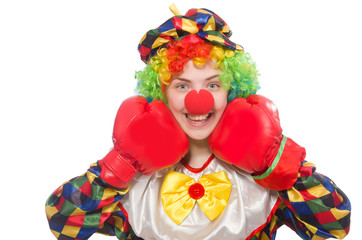 Clown with boxing gloves isolated on white