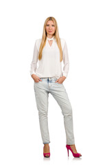 Pretty woman in blue jeans  isolated on white