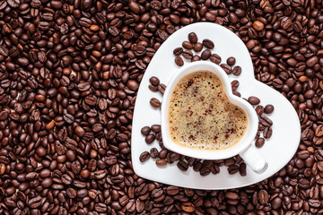 white coffee cup heart shaped with cappucino