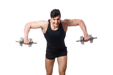 Man with dumbbells isolated on white