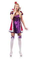 Cute girl in purple masquerade dress and crown isolated on white