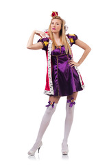 Cute girl in purple masquerade dress and crown isolated on white