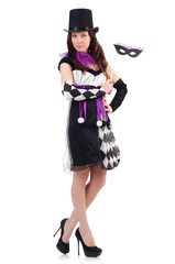 Pretty girl in jester costume isolated on white