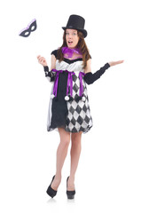 Pretty girl in jester costume with mask  isolated on white