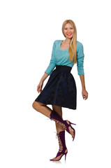 Blond hair girl in dark blue skirt isolated on white