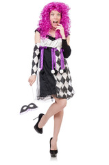 Pretty girl in jester costume isolated on white