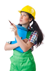 Female workman in green overalls isolated on white