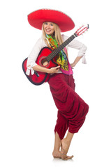 Woman wearing guitar with sombrero
