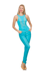 Fototapeta premium Pretty blond woman in blue pants and shirt isolated on white