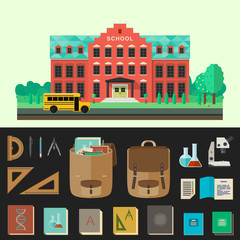 School building vector illustration with education icons.
