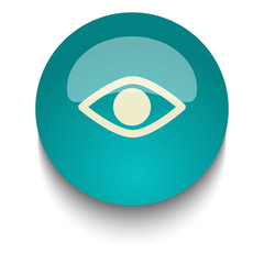 Eye vector icon on blue green glossy glass button on white backg