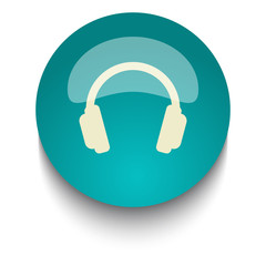 Headphones vector icon on blue green glossy glass button on whit