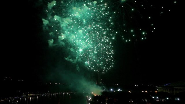 Panorama view of pyrotechnic firework show