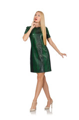 Young woman in green dress isolated on white