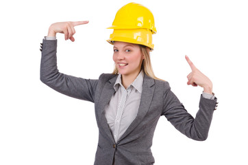 Businesswoman in gray suit and safety helmet isolated on white