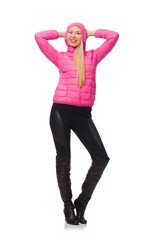 Fototapeta premium Pretty girl in winter pink jacket isolated on white