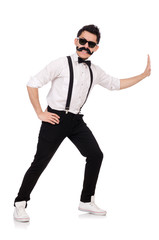 Young man with moustache isolated on white