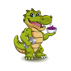 Fototapeta premium Funny Crocodile with dumbbell and bowl of açaí