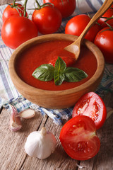 Homemade tomato sauce with garlic and basil in a bowl closeup. vertical
