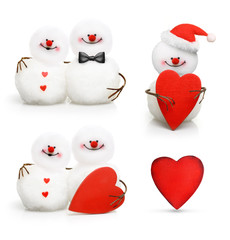 Two cute snowmen in love hugging